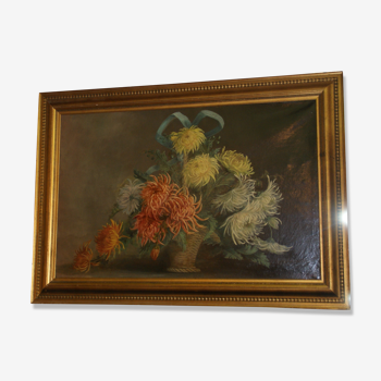 Tableau bouquet de fleurs huile à décor de chrysanthèmes signé  A.Plessy