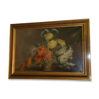 Painting bouquet of flowers oil decorated with chrysanthemums signed A.Plessy