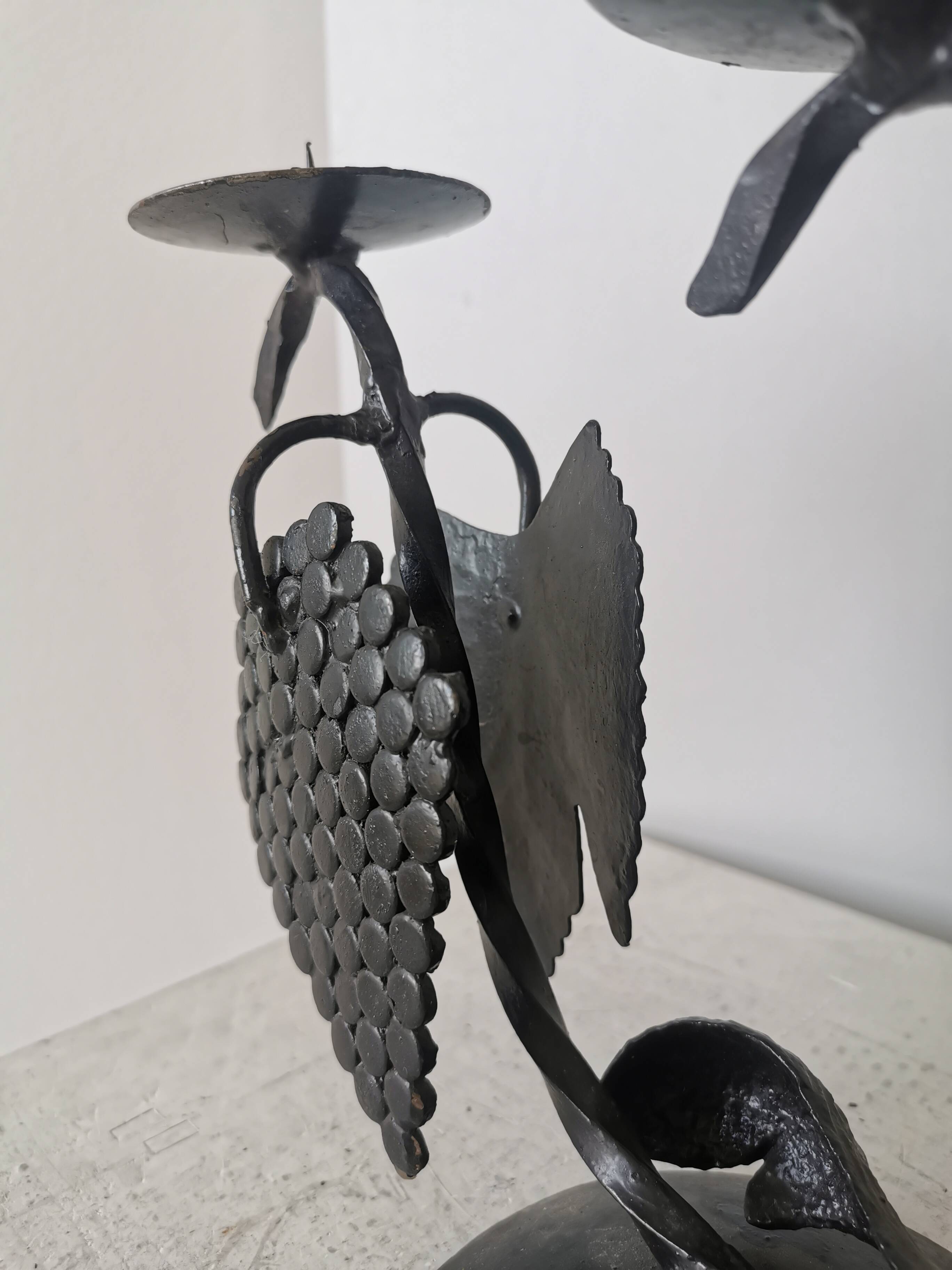 Vintage Forged Iron Grape Leaves Candlestick - Yugoslavia Mid-Century Decor
