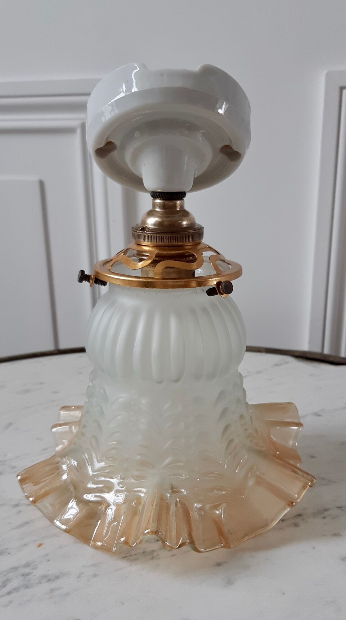 Glass tulip bathroom wall lamp and white porcelain base early XXth