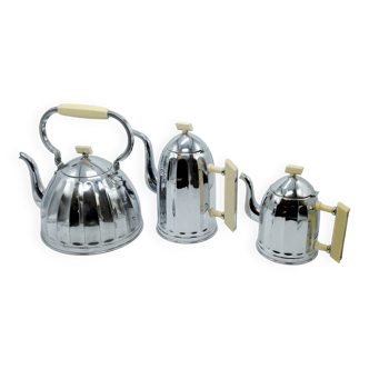 Set of a vintage Demeyere kettle, coffee maker and teapot