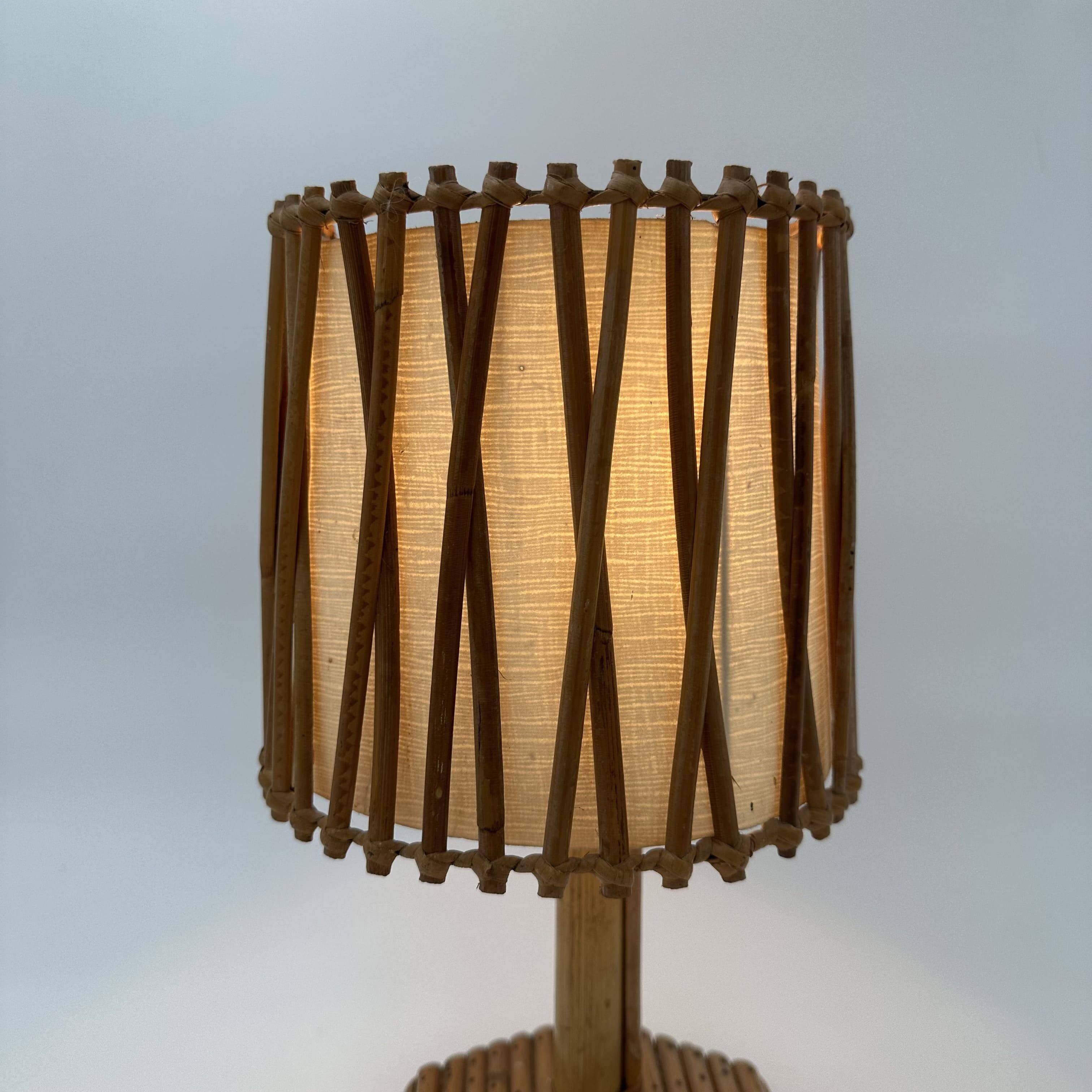 Rattan Table Lamp with Crosshatch Shade, Attributed to Louis Sognot,