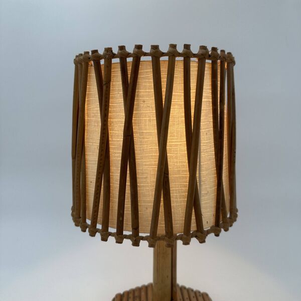 Lampe de Table en Rotin à Abat-jour Croisillons, Attribuée à Louis Sognot,