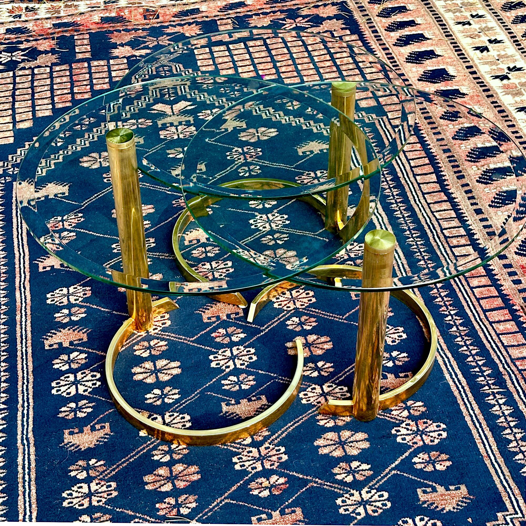 Coffee table, brass and glass, modular, set of 3, italy 1970s