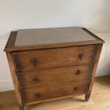 Vintage wooden chest of drawers with three drawers and brown marble top