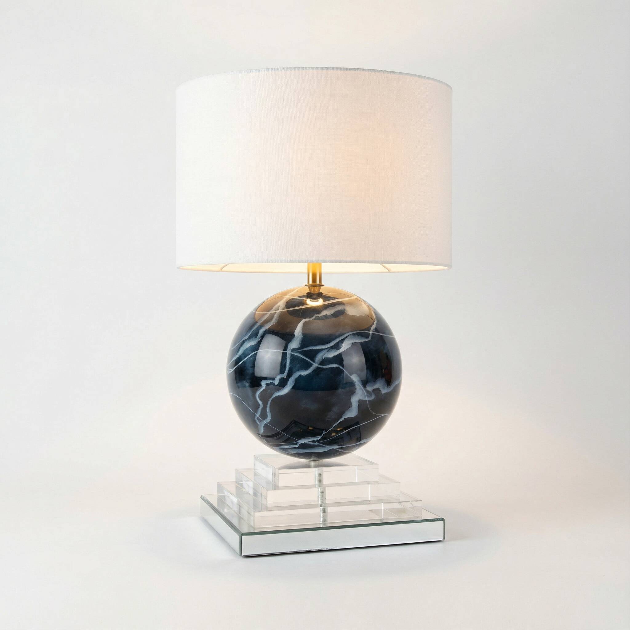 Architectural Stepped Lucite Lamp with Faux Marble Glass Sphere 1970s