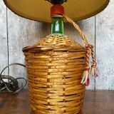 Old wicker dame jeanne lamp + beige lampshade 70's vintage