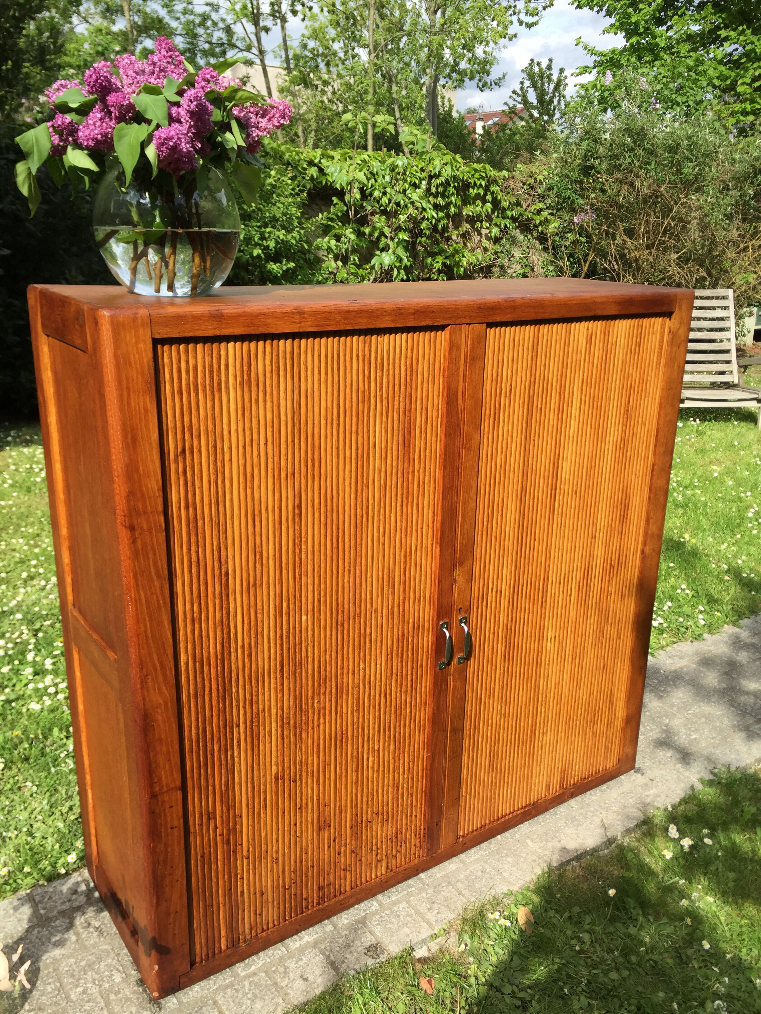 Low cupboard / curtain 1950 vintage blond oak buffet