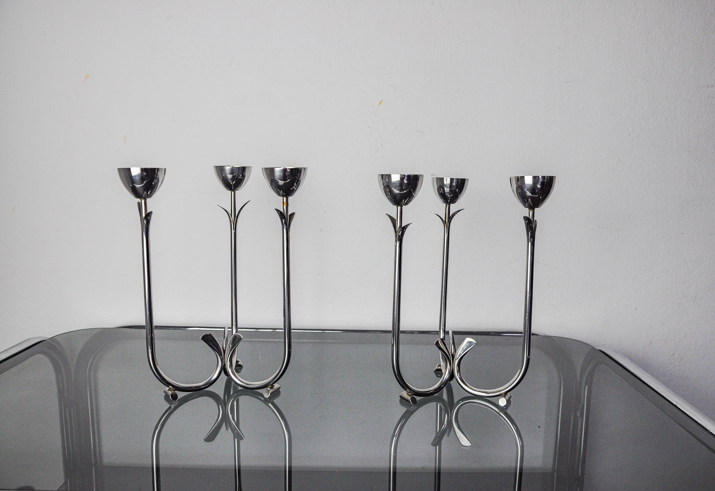 Pair of art deco stainless steel 3-flame candlesticks, Spain, 1970