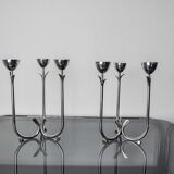 Pair of art deco stainless steel 3-flame candlesticks, Spain, 1970
