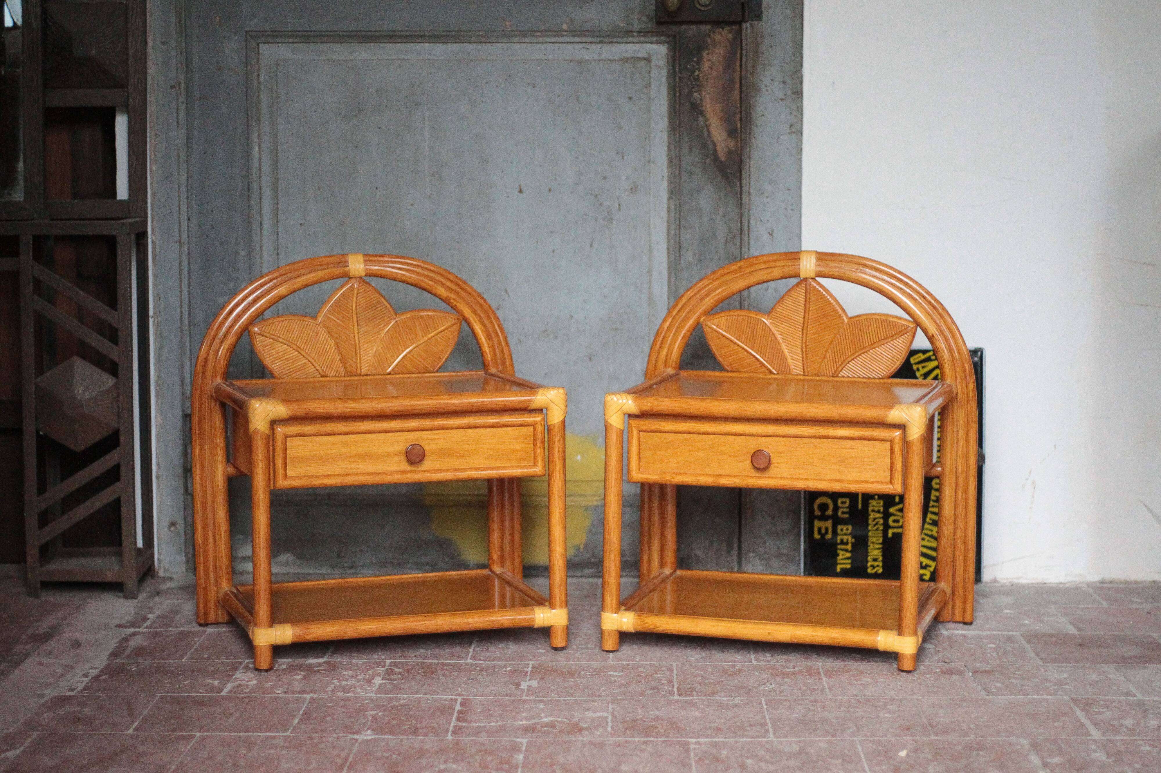 Paire de table rotin Maugrion pour Roche Bobois, table de chevet rotin