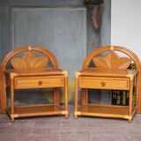 Paire de table rotin Maugrion pour Roche Bobois, table de chevet rotin