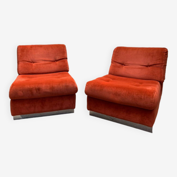 Pair of 70' orange velvet low chairs