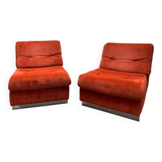 Pair of 70' orange velvet low chairs