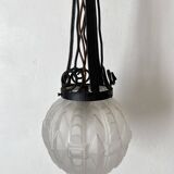 1930s Art Deco pendant light in frosted glass and wrought iron