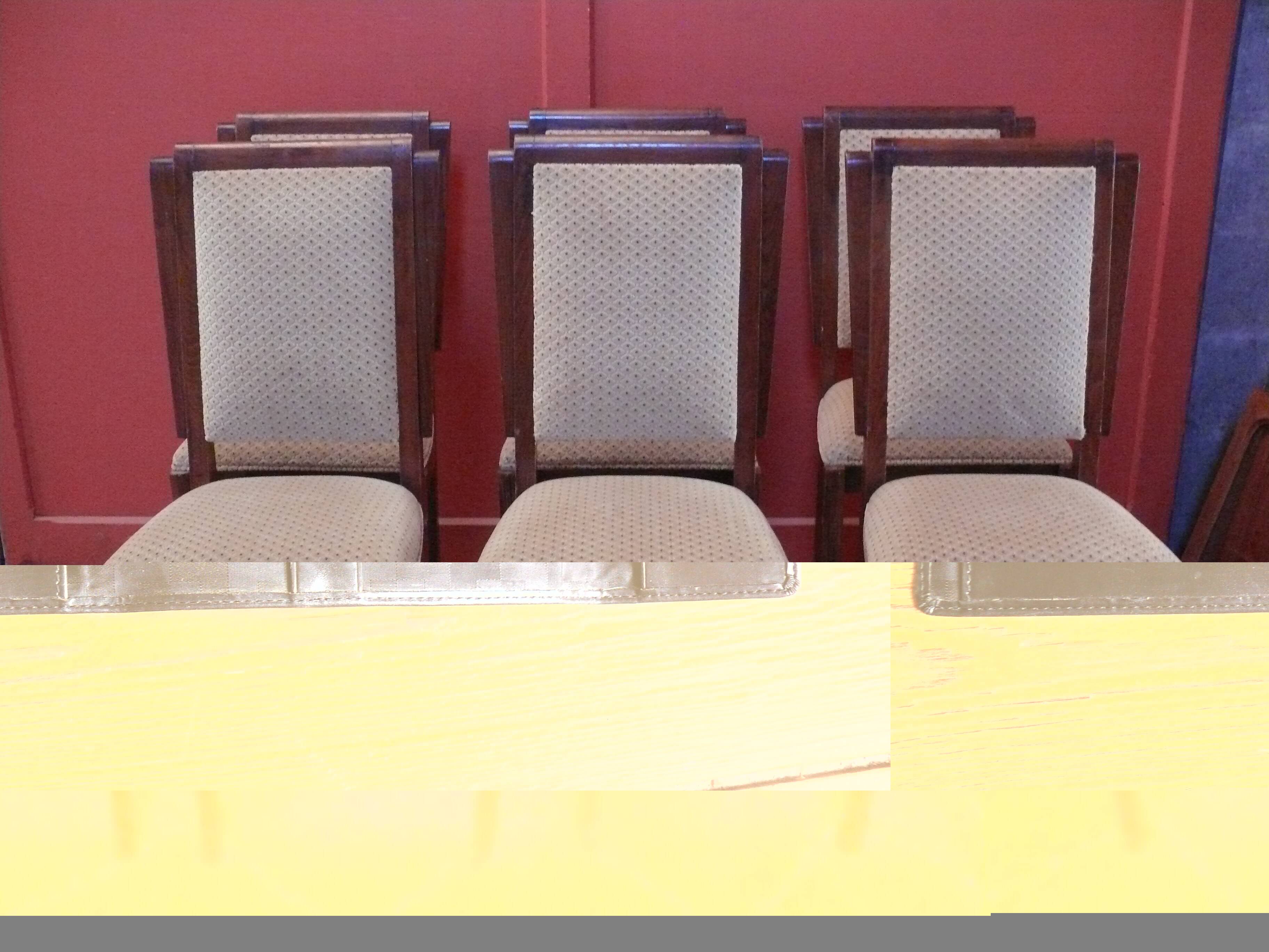 Six Art Deco chairs. Oak and original crushed velvet.