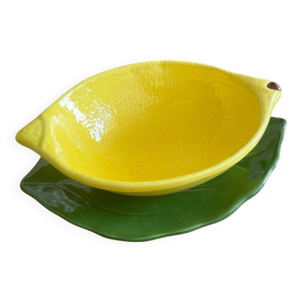 Ceramic dish/bowl in the shape of a lemon fruit and its decorative leaf