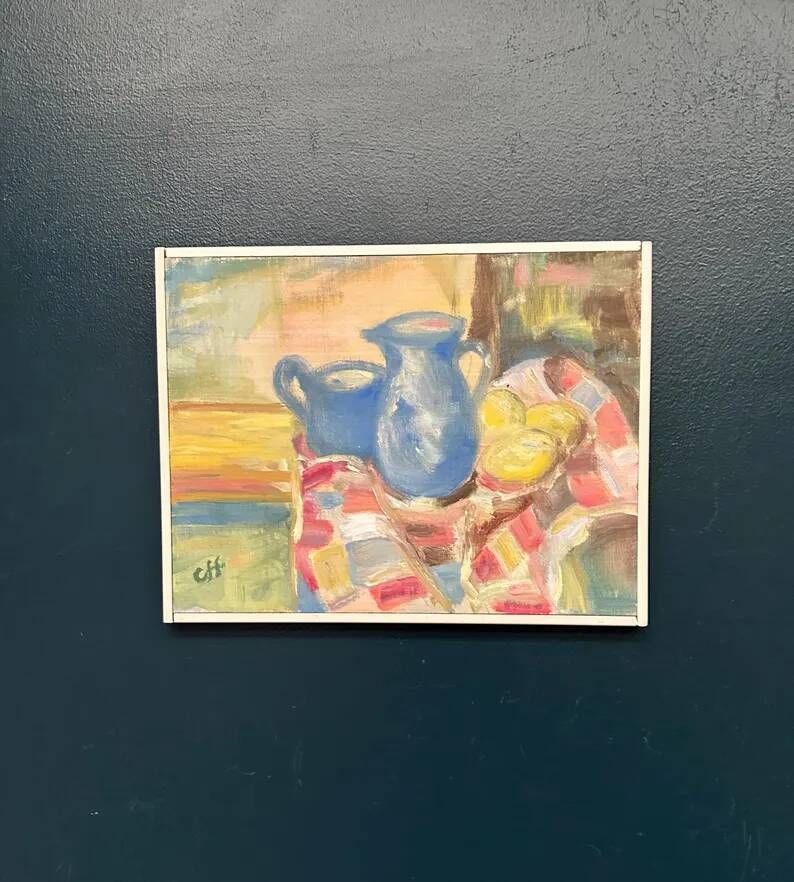 Original Swedish Oil on Panel – “Blue Pitchers and Lemon” by Off – Signed – Vintage and Framed – 37 × 29 cm (14.6 in × 11.4 in)