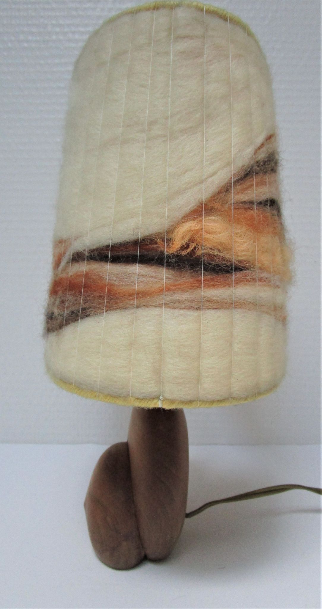 Wood lamp and vintage wool lampshade vintage, 70s