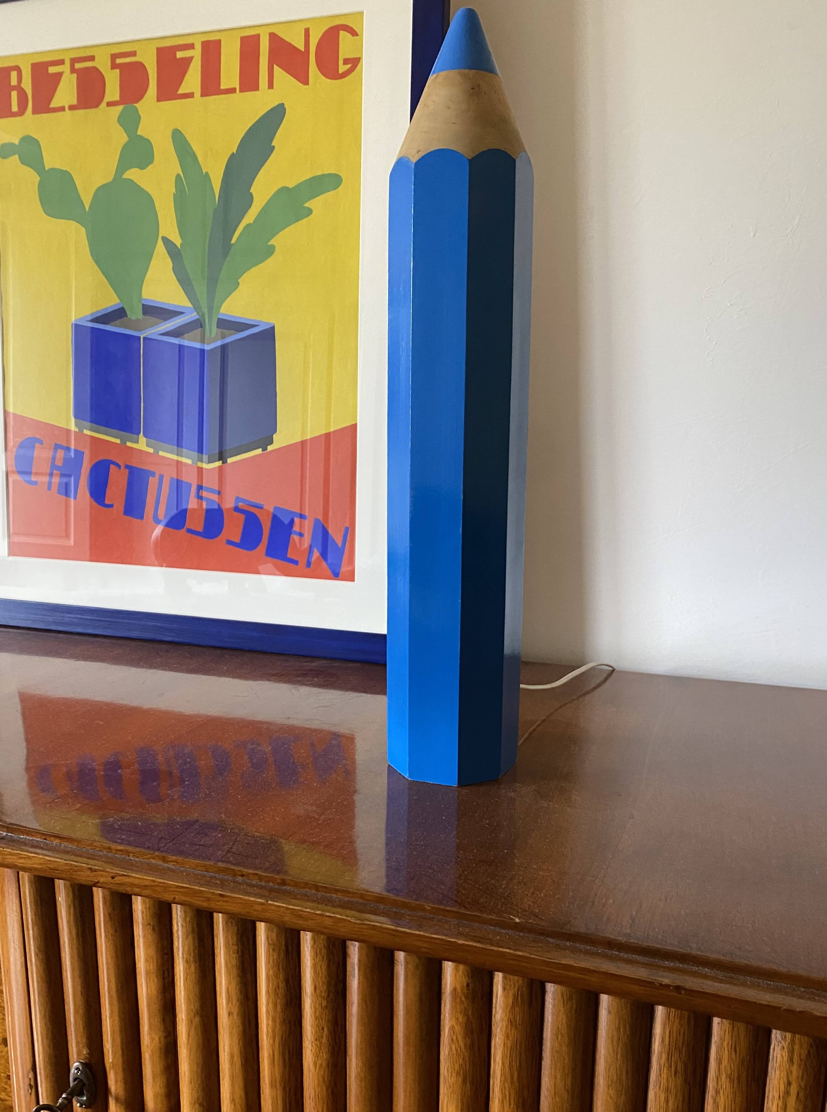 Pierre Sala, postmodern blue Pencil table lamp, Ed. Vilac France 1980s