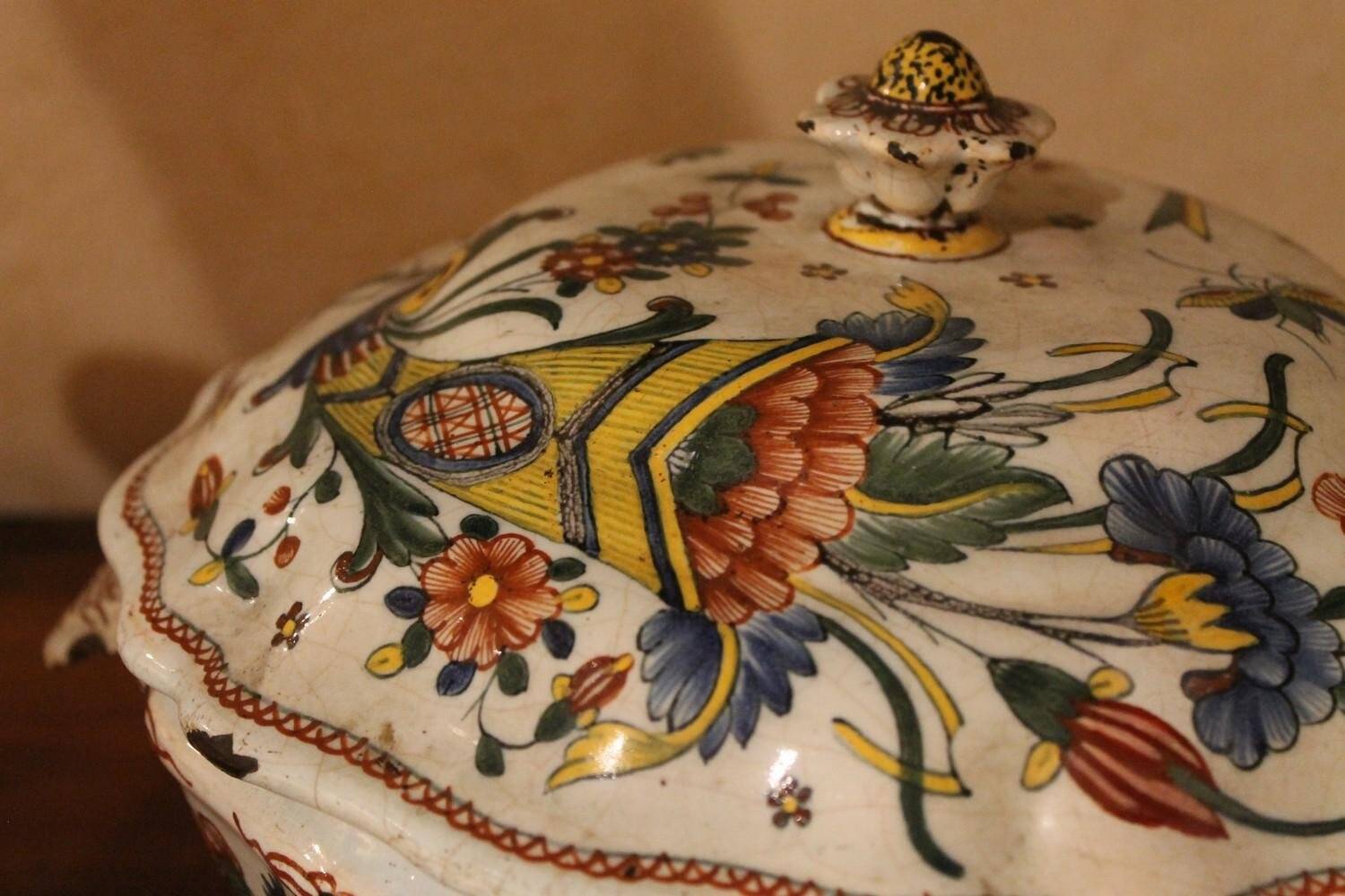 Antique French Faience Lidded Bowl Tureen Hand Painted with Flowers and Insects