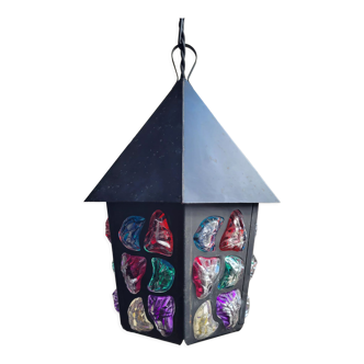 Lantern in metal and multicolored glass