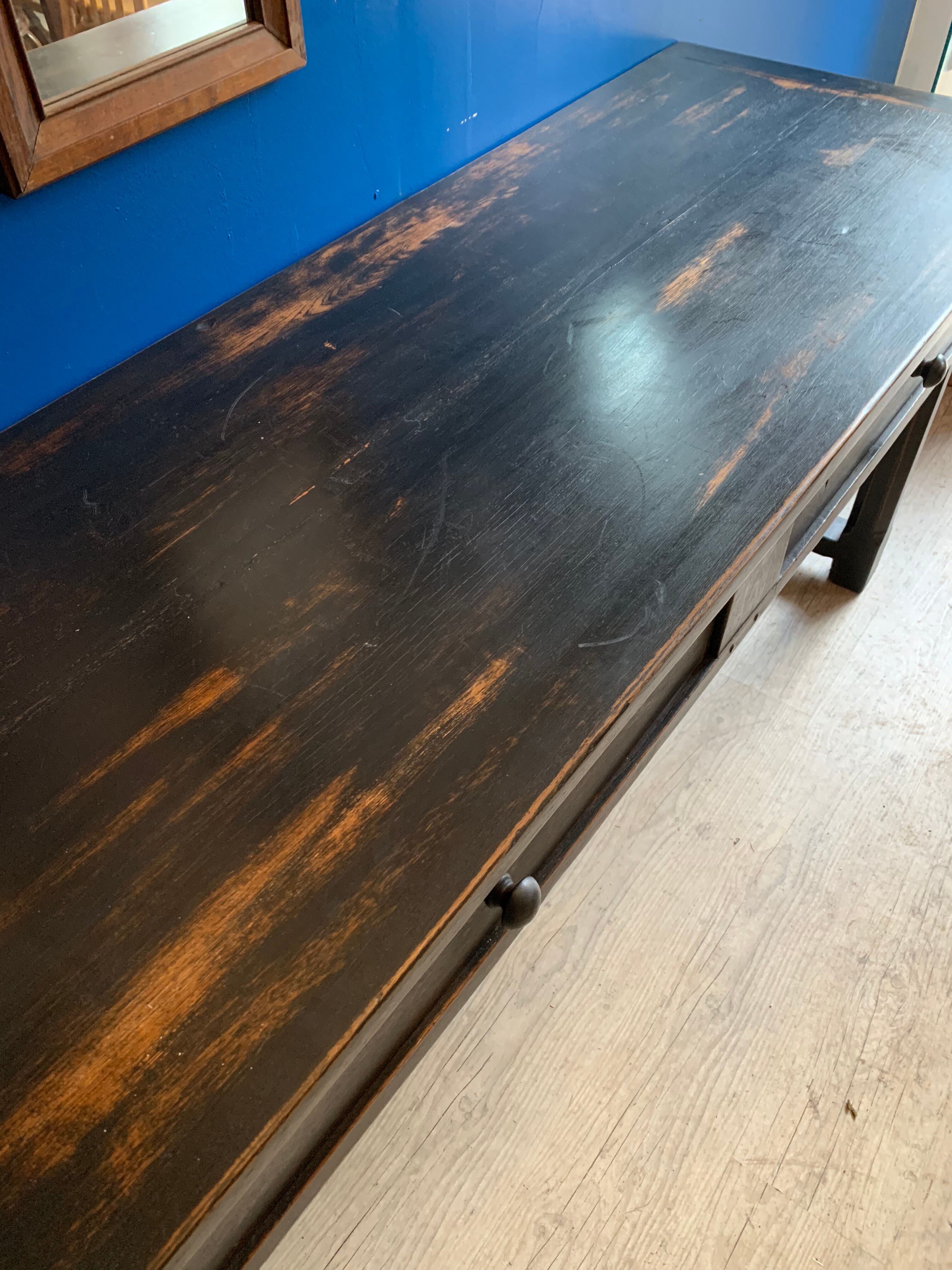 Old black patinated oak farm table 19th