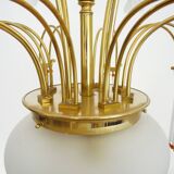 Art Nouveau style chandelier in brass with pendants and glass globe with 3 lights. Italy 70s 80s