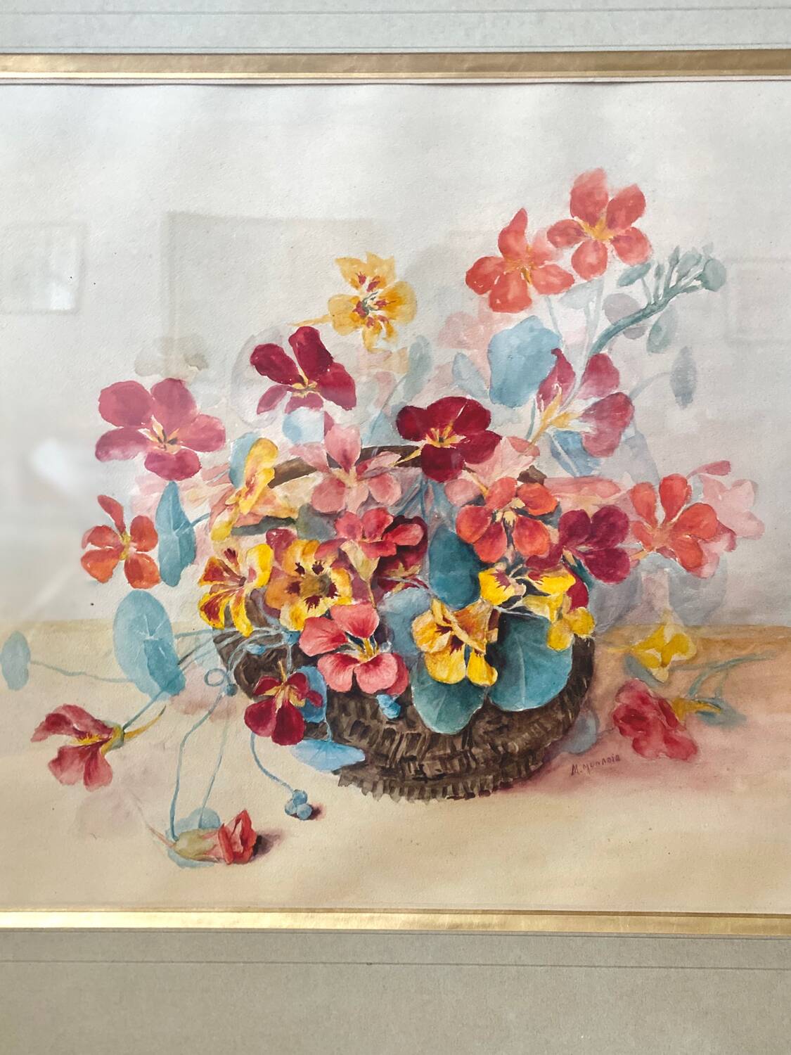 Grand tableau Aquarelle encadrées fin 19e siècle motif panier de fleurs