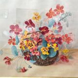 Grand tableau Aquarelle encadrées fin 19e siècle motif panier de fleurs