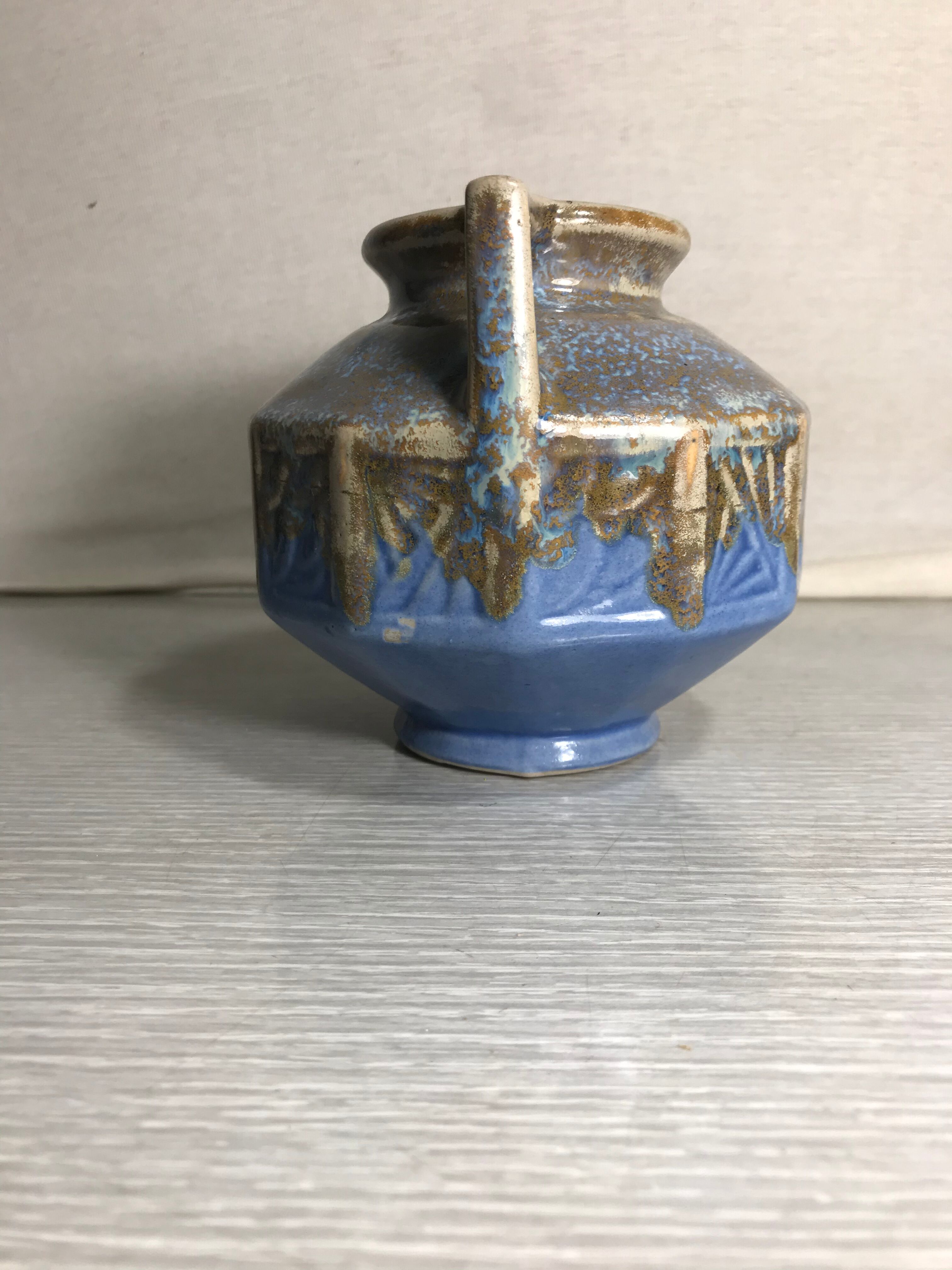 Ancient ART DECO Ceramics Blue Beige Vase Anses 30 Vintage