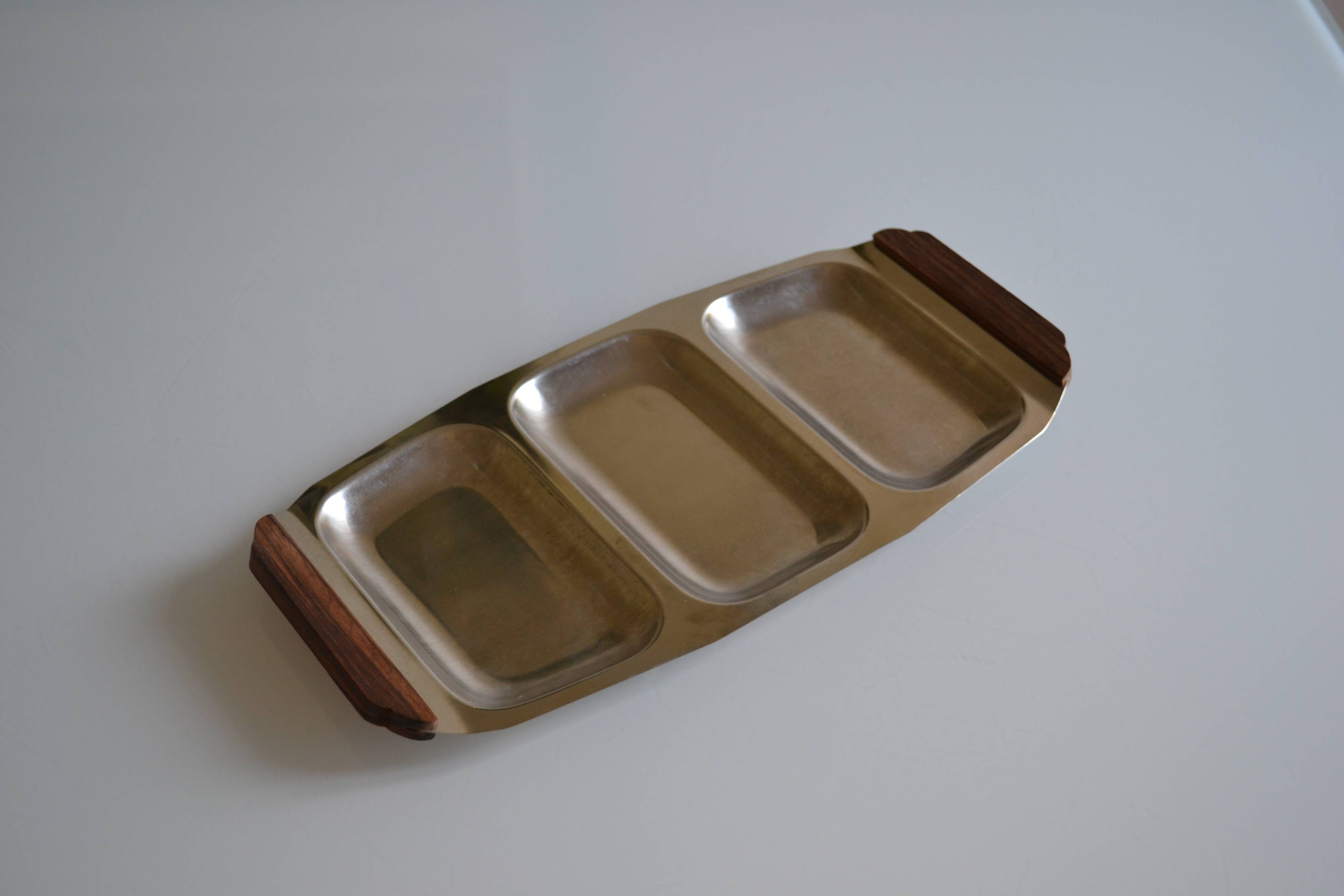 Plat de service vintage inox poignées teck made in Japan