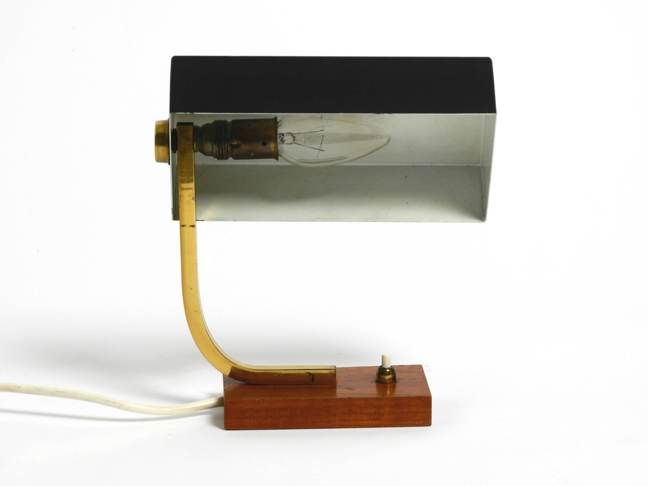 Beautiful small Mid Century Modern metal and brass table lamp with teak bas