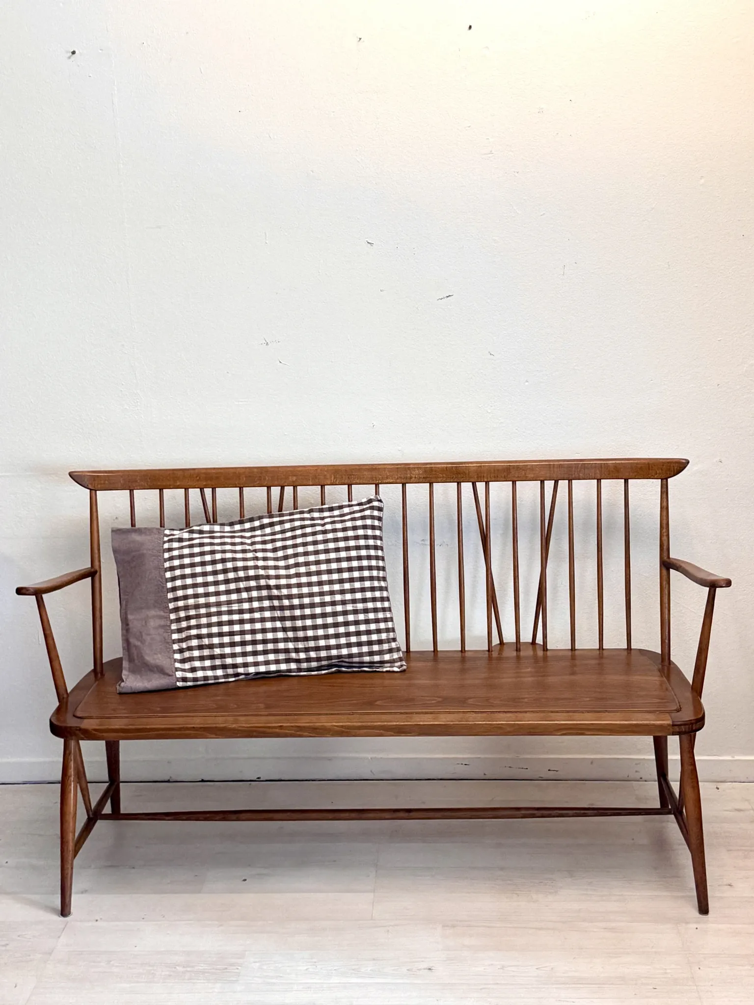 Vintage mid-century slatted bench from the 1960s.