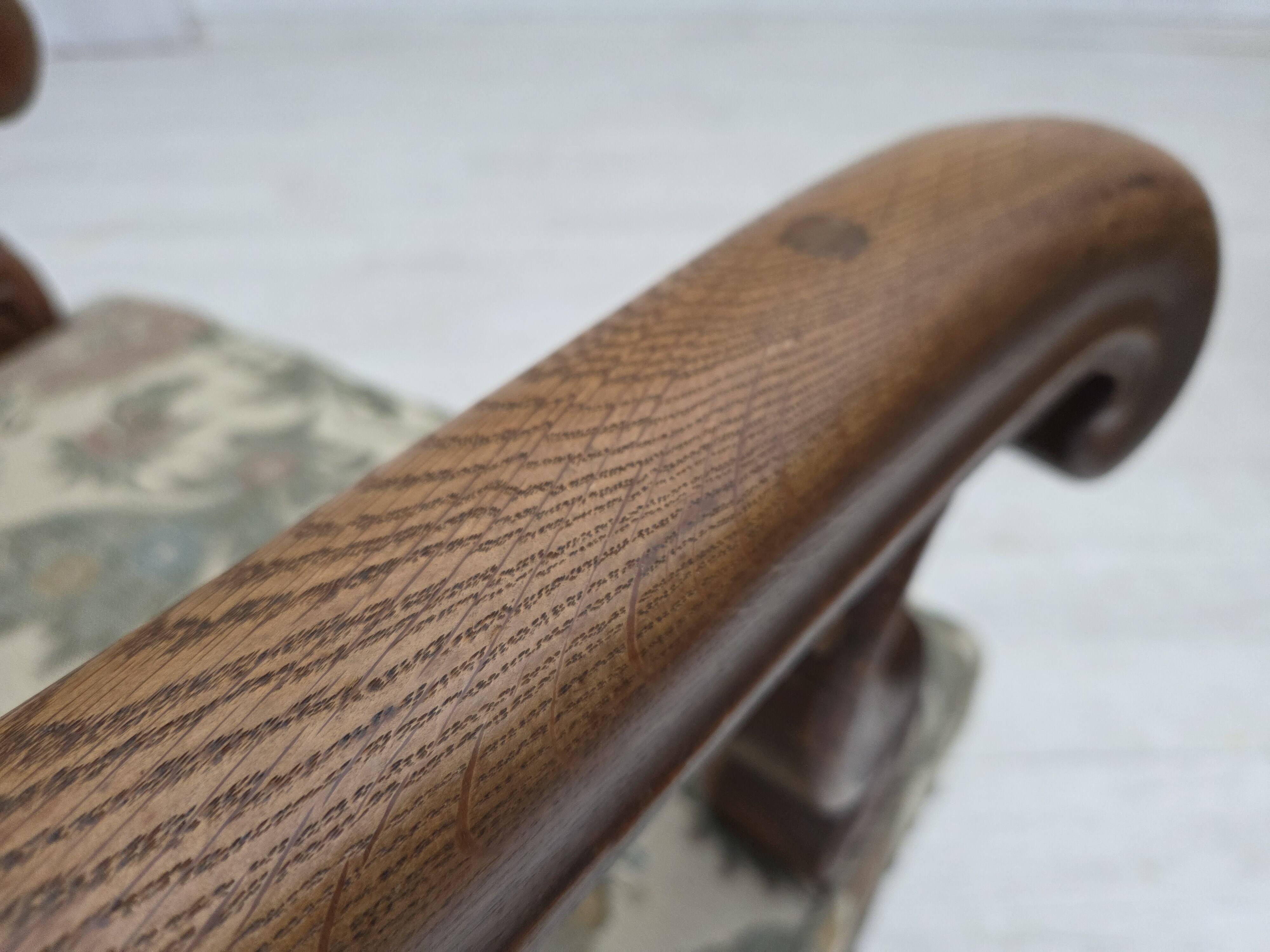 1950s, Scandinavian highback armchair, furniture fabric, oak wood.