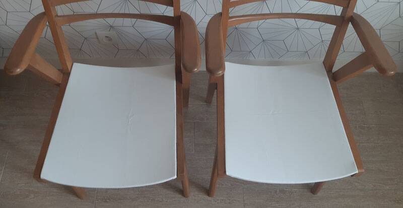 Pair of 1950s compass leg armchairs.