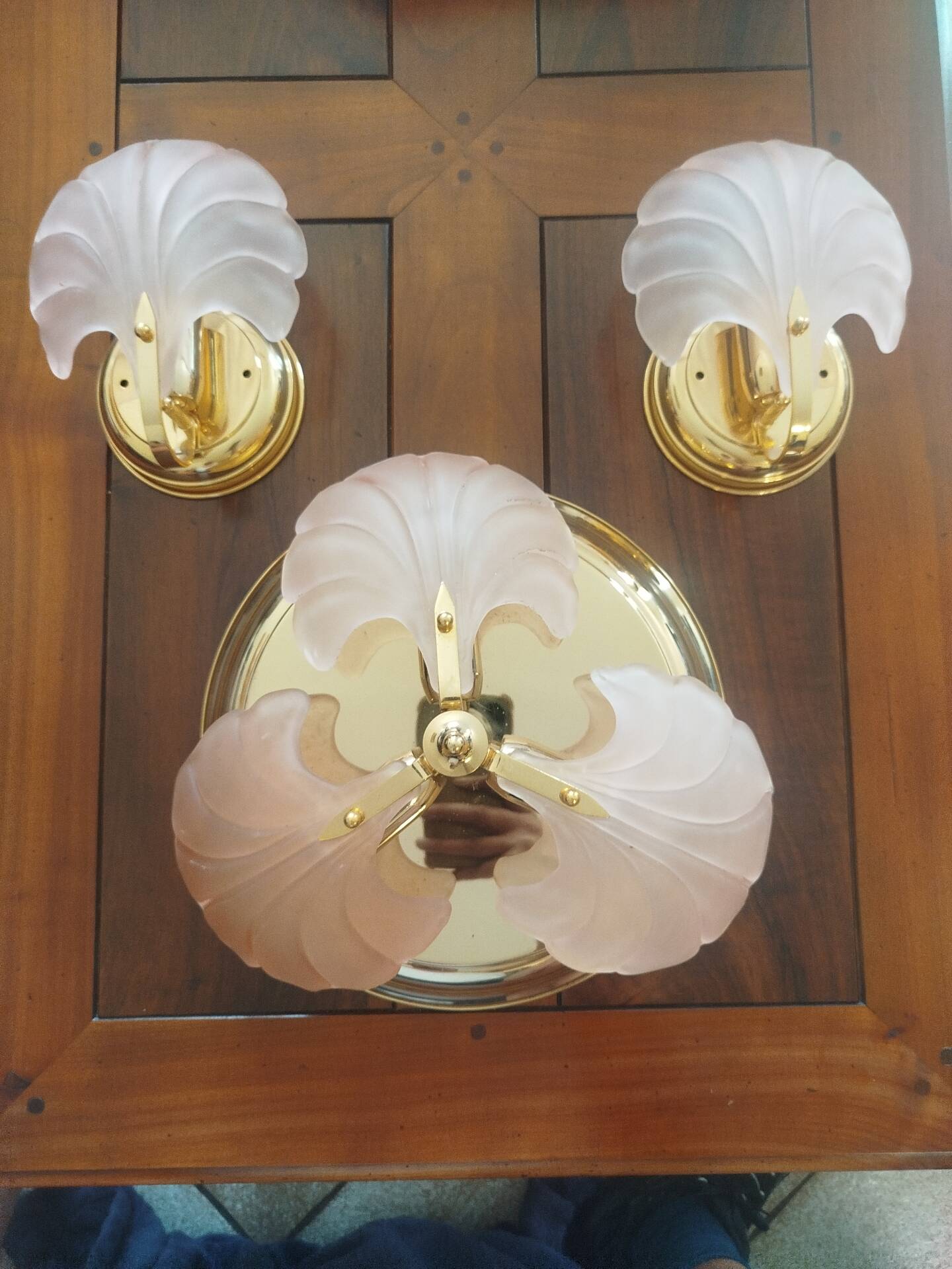 Rare set of wall sconces and shell ceiling light.
