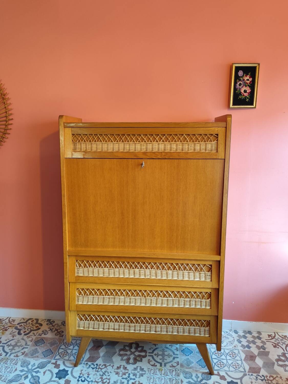 Vintage secretary desk in wood and rattan