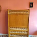 Vintage secretary desk in wood and rattan