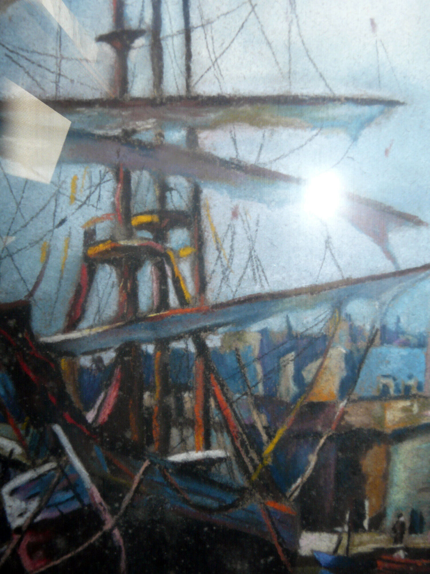 Painting Marine XIX° signed H. Chopeler pastel Port boat masts + frame