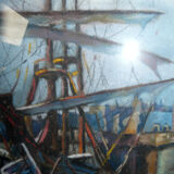 Painting Marine XIX° signed H. Chopeler pastel Port boat masts + frame
