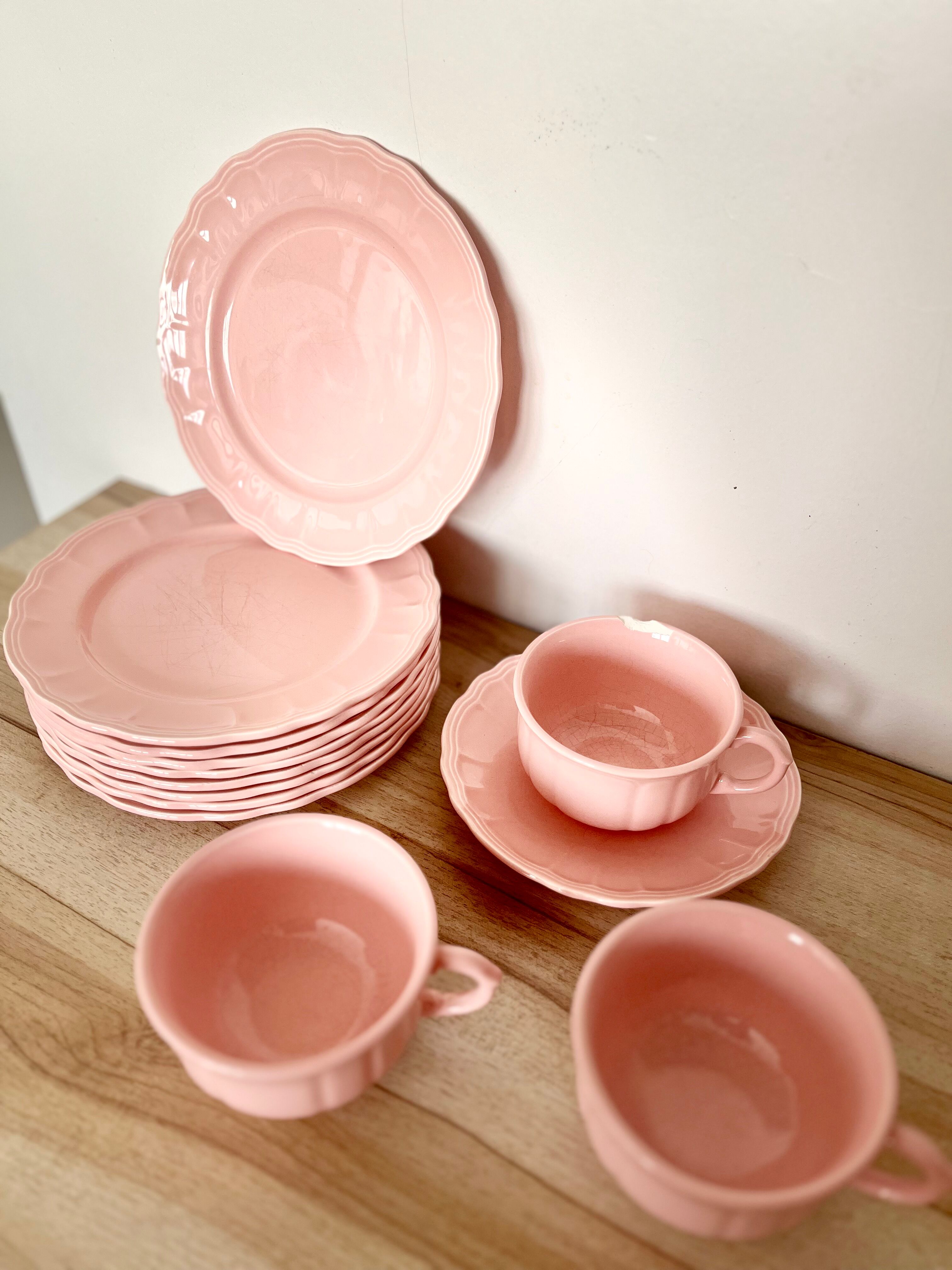 Lot of pink tableware "Faience de Salins" made in France