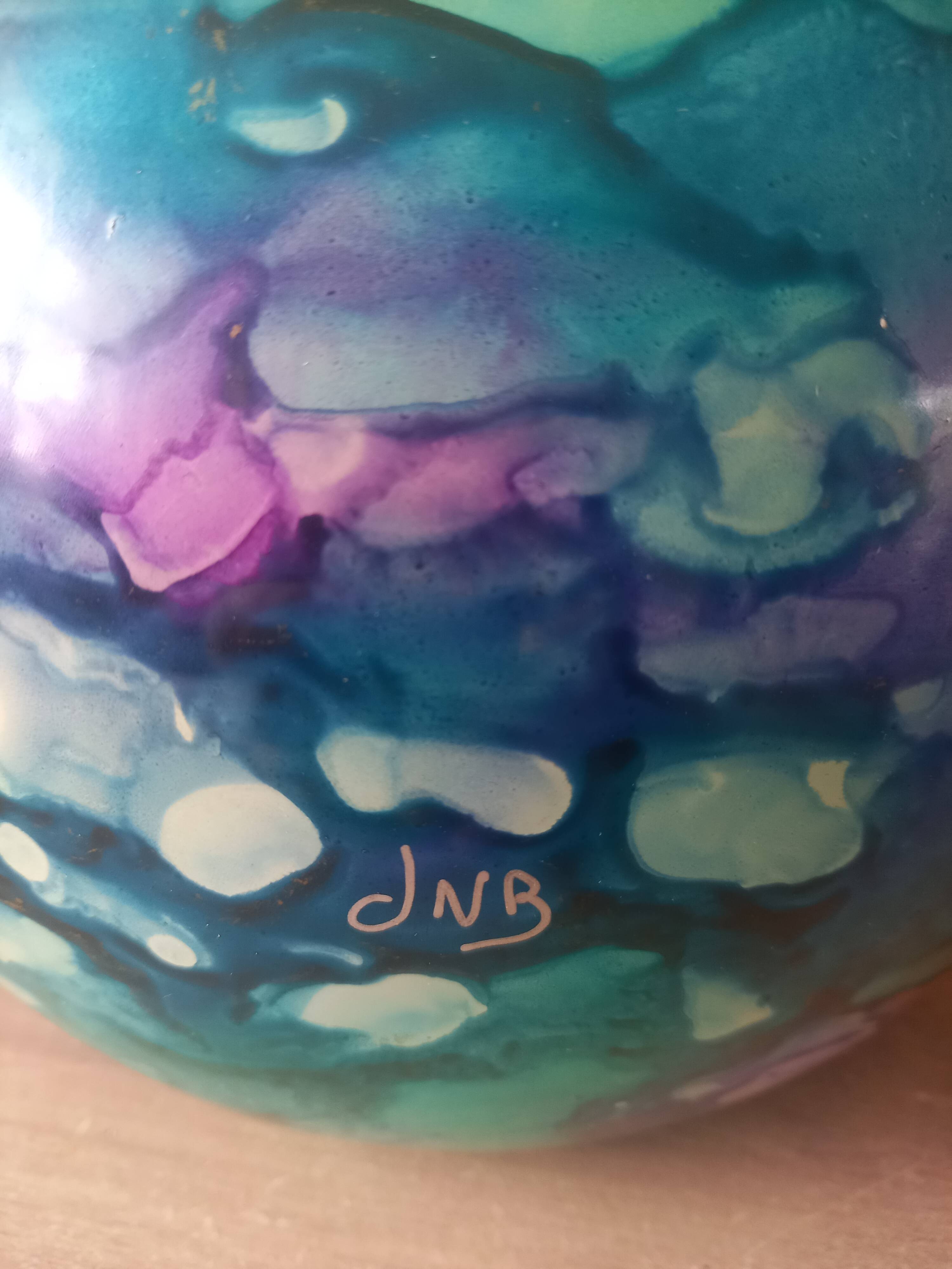 Large lacquered glass ball vase signed Jean-Noël Bouillet