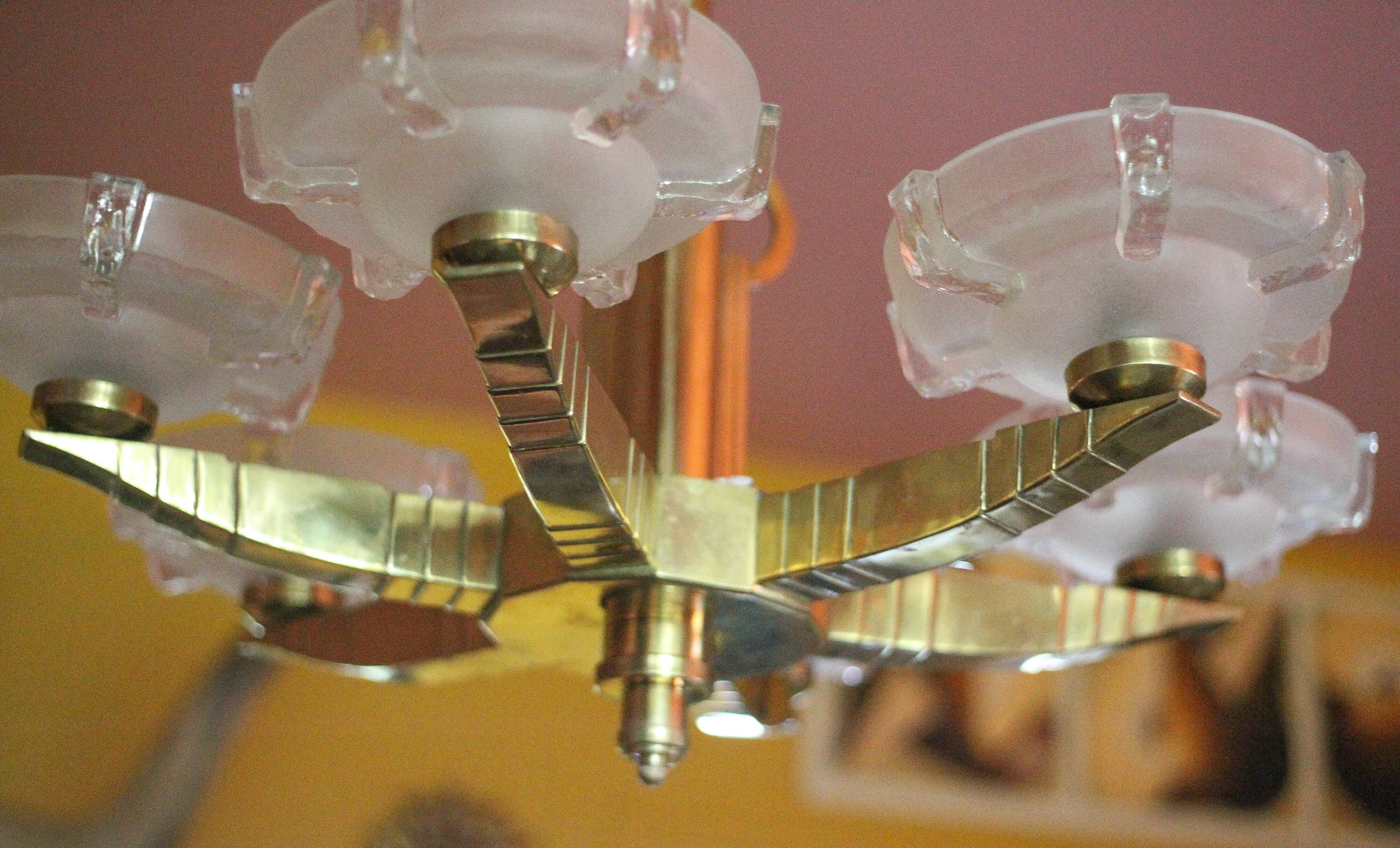 art deco suspension, 6-light Ezan glass globe chandelier, art deco bronze chandelier