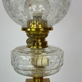 Kerosene lamp of brass with white opaline glass shade and yellow glass stem, 1860