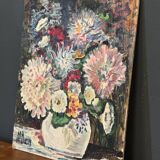 Huile sur carton par J.P. Ducas Ducos nature morte aux fleurs XXe