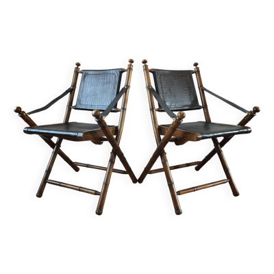 Paire de chaises pliantes safari  en cuir 1970-80