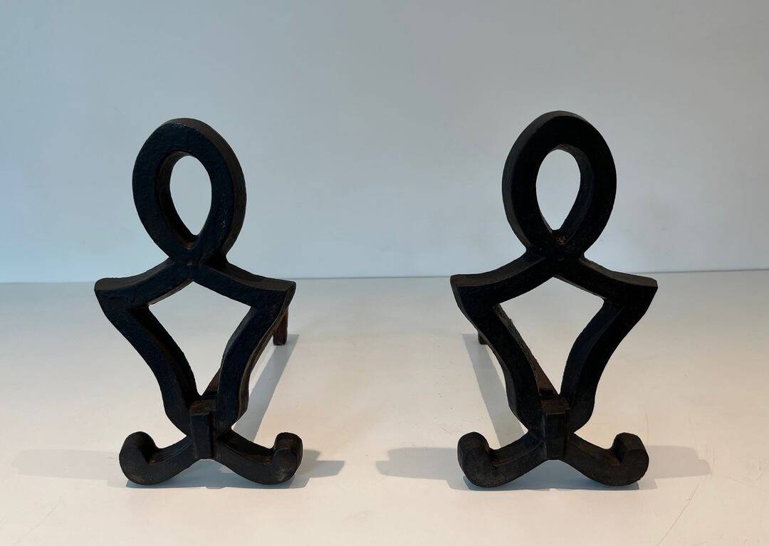 Pair of Cast Iron Chenets with Figurative Anthropomorphic Silhouette, by Raymon