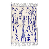 Moroccan Berber Azilal ecru rug with majorelle blue patterns 1.36x0.97m