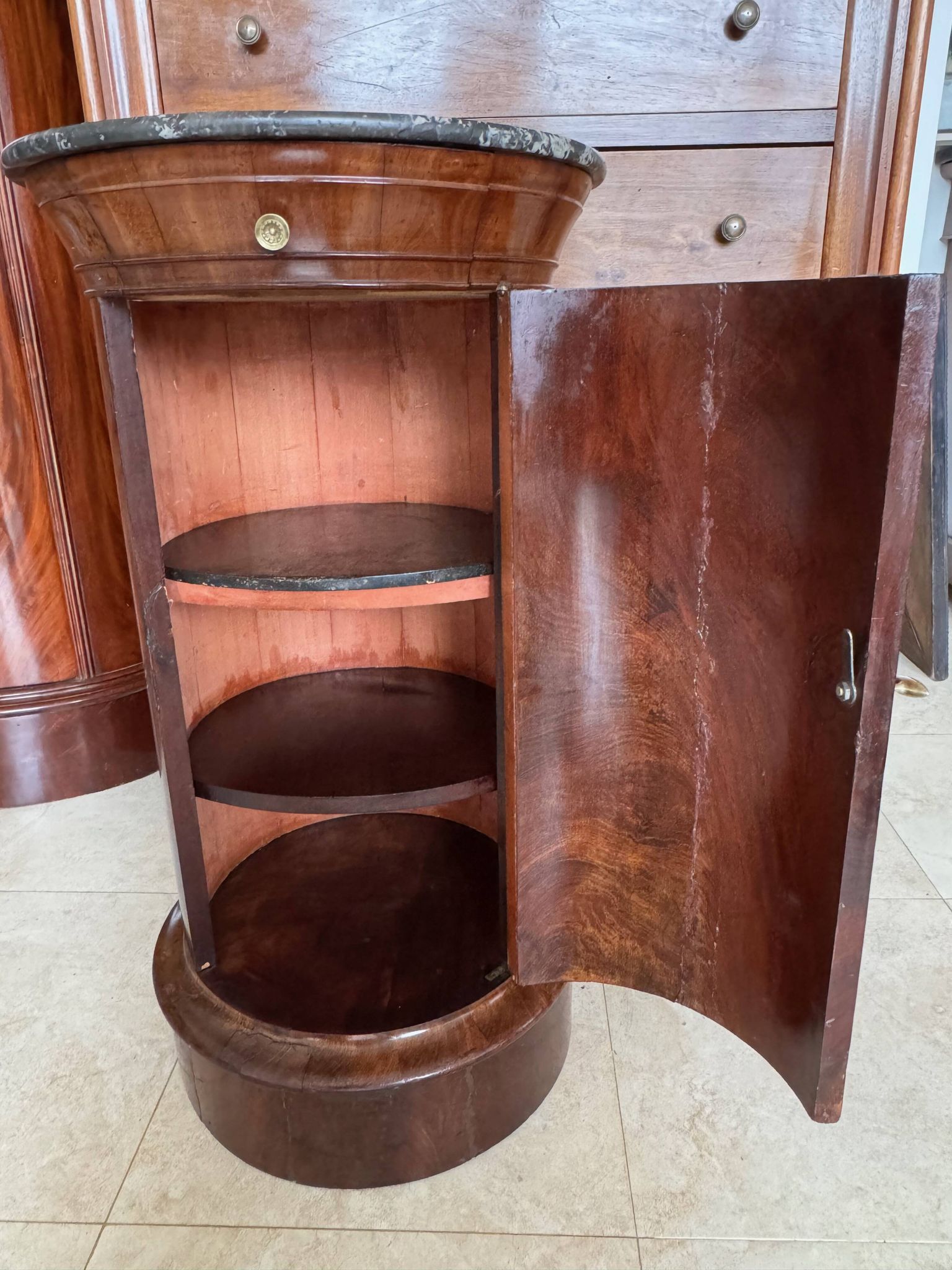 Rare Somno with drawer, Empire period Cuban mahogany and superb grooved marble.